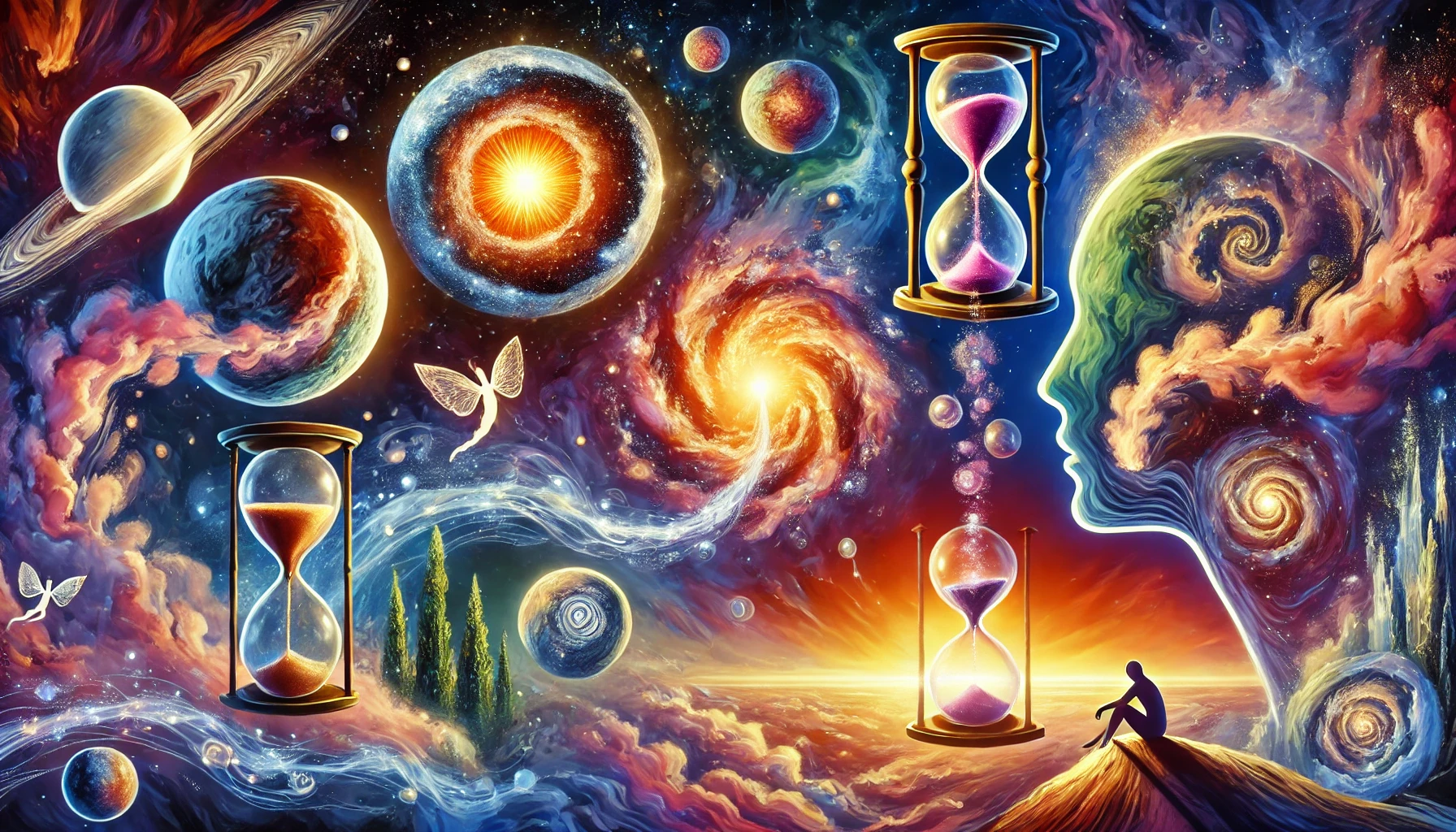 A vibrant and imaginative artwork depicting a surreal galaxy with unique elements, a glowing sun orbiting its planets, a mystical planet, etc. Represents Free Thinking on RahaWeb