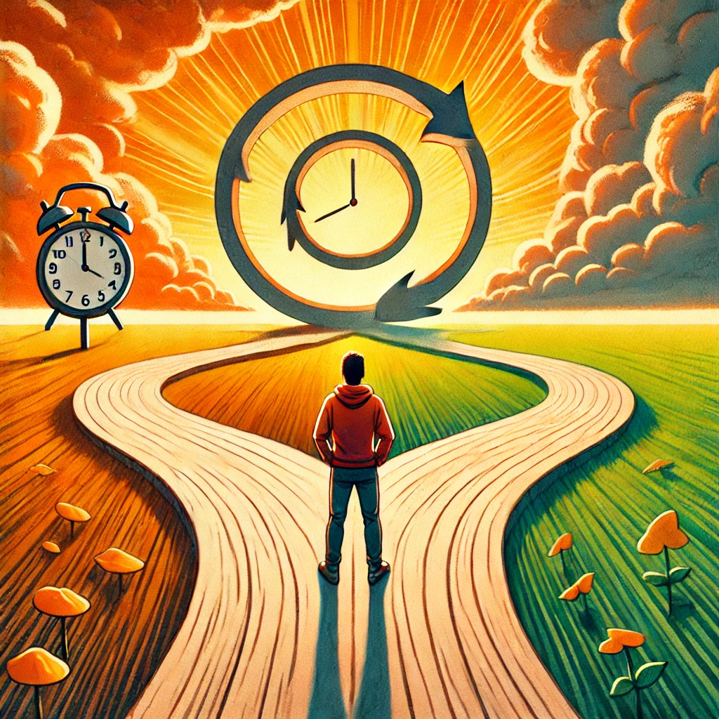 A thought-provoking illustration of a person standing at a crossroads, with one path leading to a repeating cycle - Represents Groundhog Day on RahaWeb